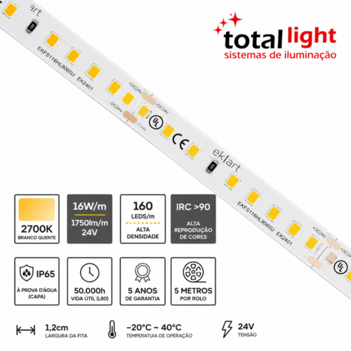 Fita LED 160LEDS/M 24V 16W/M 2700K 5M/Rolo - TL0116